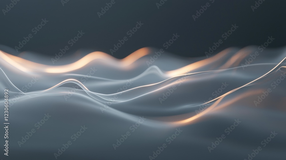 Poster abstract digital art piece with a dark blue background. it features a wave-like pattern of light ora