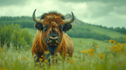 Majestic bison stares ahead in a verdant meadow, hills in the background.