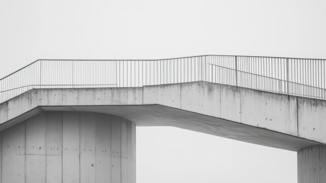 Modern concrete pedestrian bridge with metal railings against a bright sky.