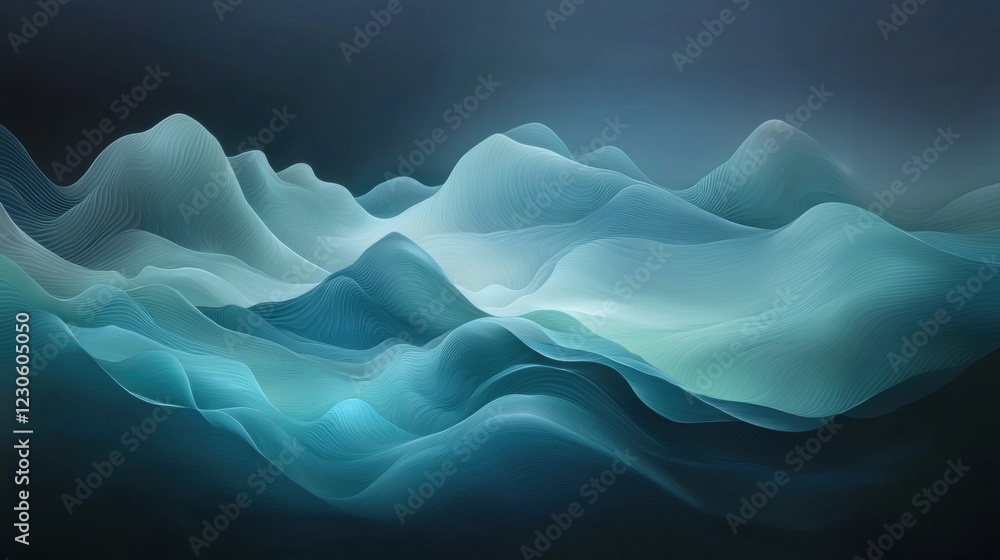 Poster Abstract digital art piece that appears to be a wave-like pattern. the background is a dark blue color with a gradient effect, creating a sense of depth and movement.