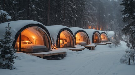 Unique winter accommodations nestled in snowy forest landscape