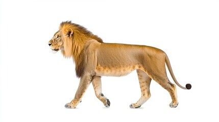 Obraz premium Majestic Lion Walking Gracefully Against White Background