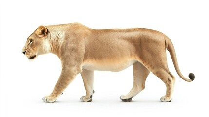 Obraz premium Graceful Lioness Walking Against a Clean White Background
