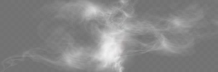 Realistic white smoke or mist effect with soft, swirling patterns on a transparent background. Perfect for overlays and atmospheric designs.

