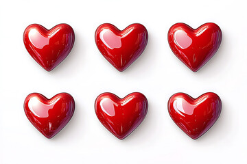 Fototapeta premium A seamless pattern of six vibrant, glossy red hearts arranged in a grid formation against a pristine white backdrop