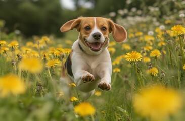 Joyful beagle running through a field of yellow flowers in springtime sunshine