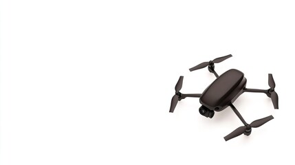 Sleek Black Drone with Four Propellers and Camera on White Background