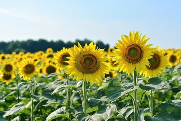 Bright sunflowers bloom in a vast field under clear blue skies in summer