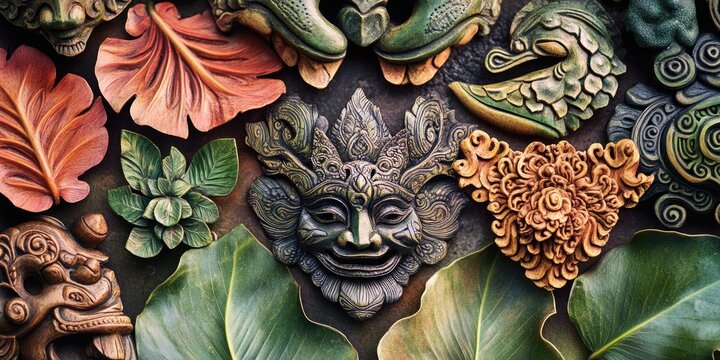Colorful decorative leaves and other wooden elements crafted to showcase intricate textures, cultural design motifs, and artistic skill.