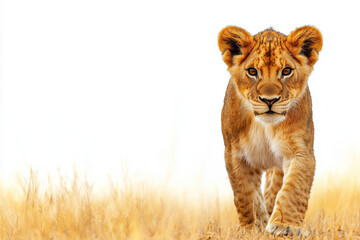 Lion cub approaching, golden fur, tall grass backdrop.