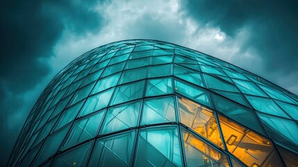 Modern glass building under dramatic sky.