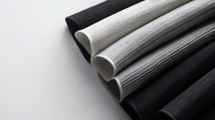 Close-up of a stack of folded fabric rolls. the rolls are arranged in a horizontal manner, with the top roll being the largest and the bottom roll being smaller.