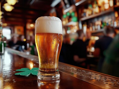 Pint of beer on bar counter.