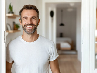 Smiling man standing in modern home during daytime
