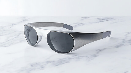 High-angle, close-up shot of futuristic sunglasses resting on a white marble surface