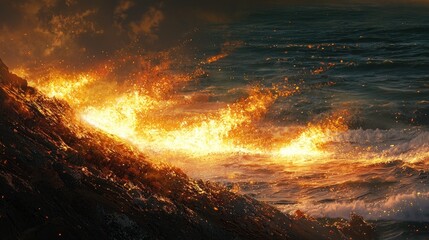 Fiery coastal scene with flames flowing down rocks into ocean.