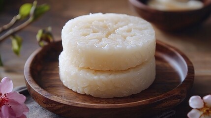   Close-up of two foods on a plate, a flower on one side, and another food in the background