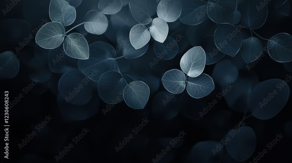 Poster dark blue background with a group of white leaves scattered across it. the leaves are of different s