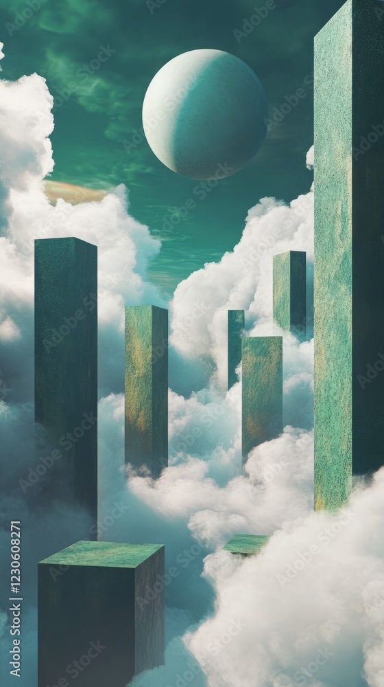 Poster abstract scene featuring towering geometric shapes amidst clouds with a mysterious planet in the sky