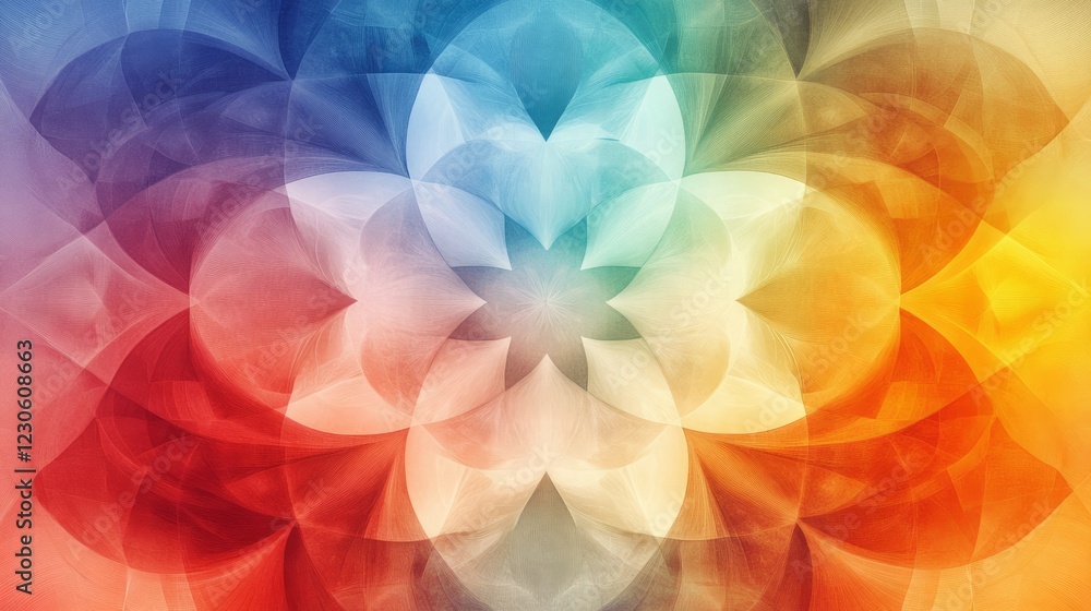 Poster colorful abstract geometric pattern with overlapping shapes forming a kaleidoscope effect in vibrant