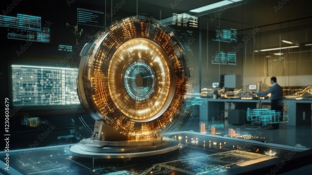 Poster Futuristic Technological Device Displaying Data Streams
