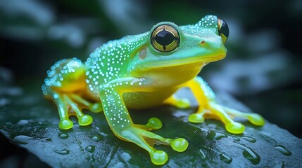 Naklejka premium A frog with green and yellow spots is sitting on a leaf
