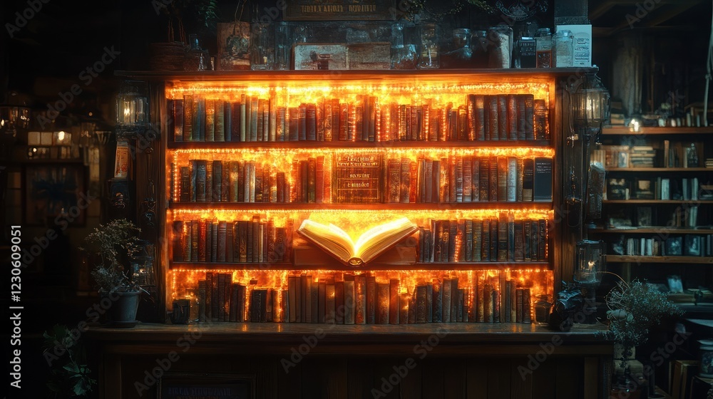 Poster Illuminated Bookshelf With Open Glowing Book
