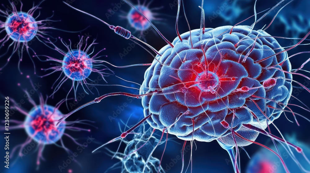 Poster microscopic view of infected brain cell and viruses
