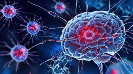 Microscopic View of Infected Brain Cell and Viruses