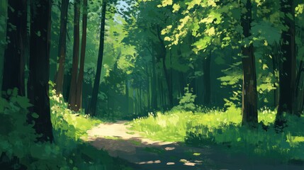 Obraz premium Sunlit Path Through Lush Green Forest Trees