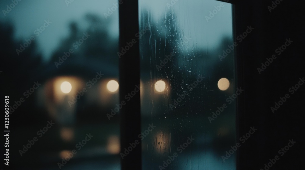 Poster close-up of a window with raindrops on it. the raindrops are scattered across the glass, creating a 