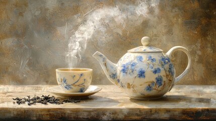 Fototapeta premium Steaming tea in floral teapot and cup.