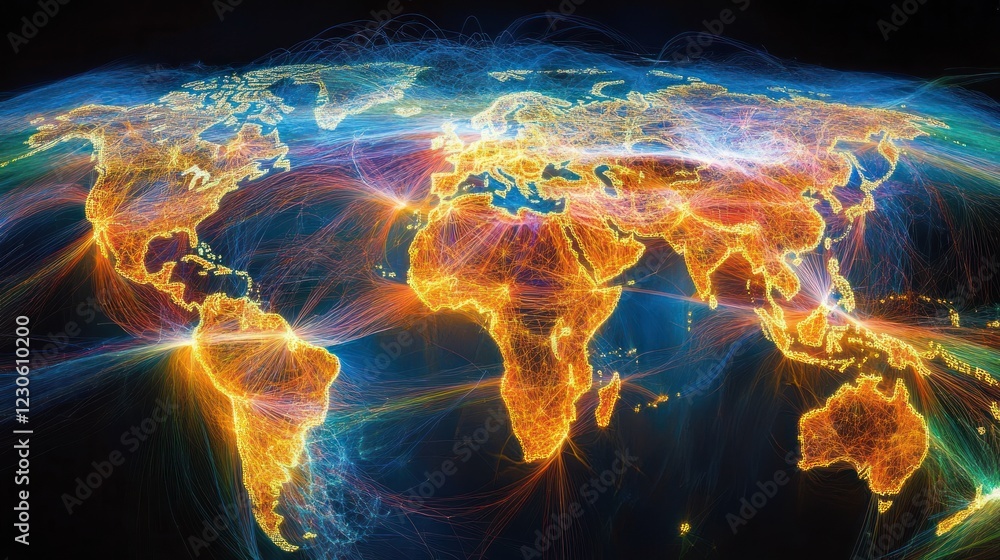 Poster Global Network Illuminated Showing Interconnected World