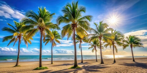 Sunny day at the beach with tall palm trees swaying gently in the breeze, beach, palm trees,  beach