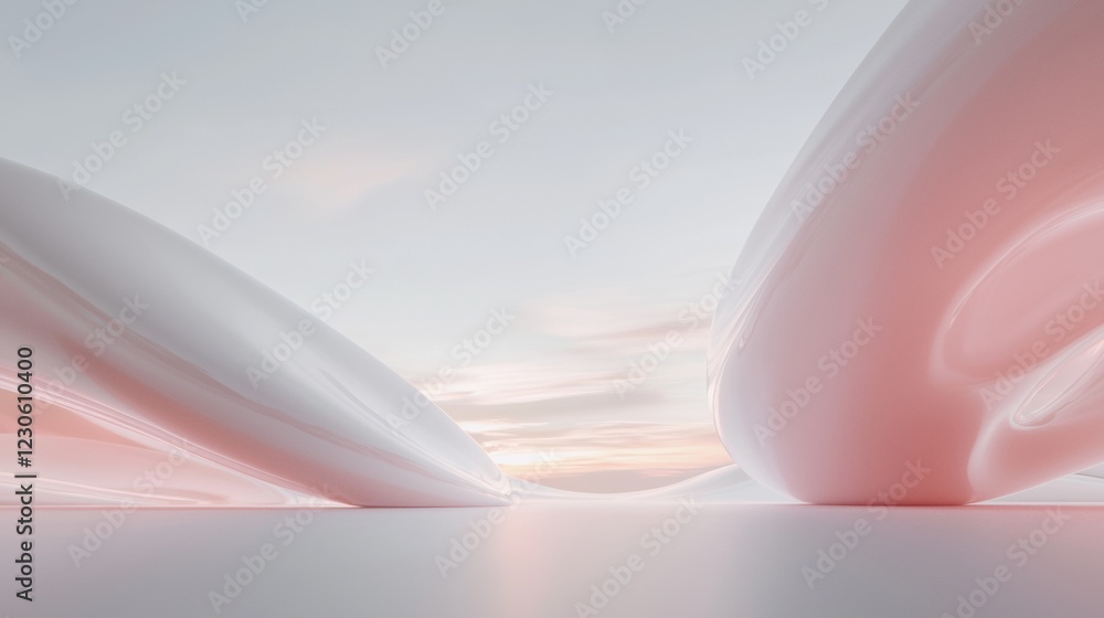 Poster abstract digital art piece that appears to be a 3d rendering. it has a pink and white color scheme w