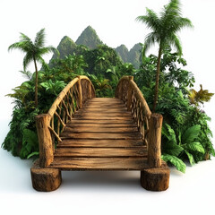 Fototapeta premium Wooden bridge spanning lush tropical landscape; secluded path to verdant hills.