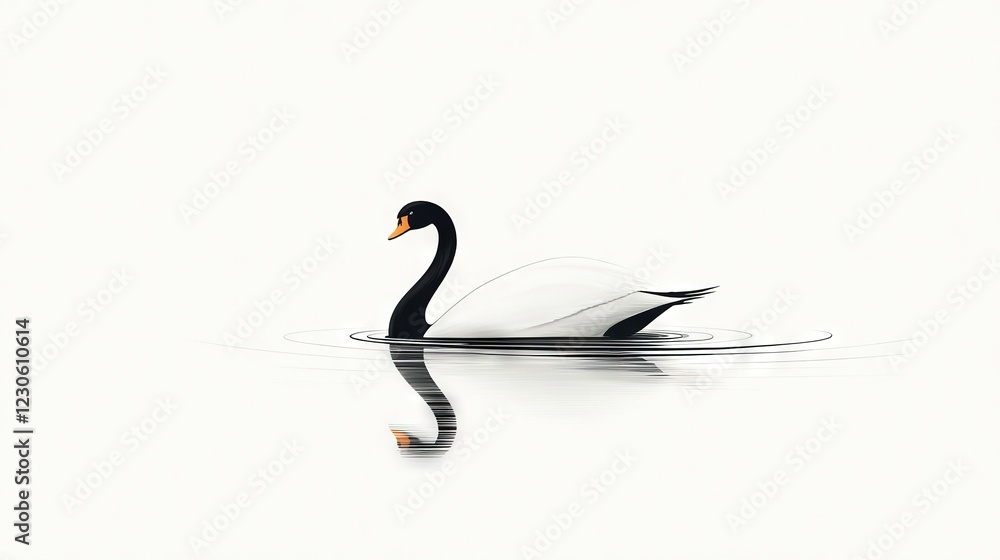 Sticker   Black and white swan floating on water, reflected in the surface below