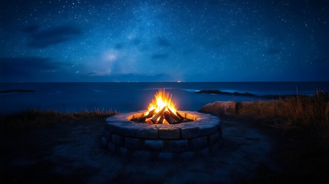 A fire is burning in a fire pit on a beach at night