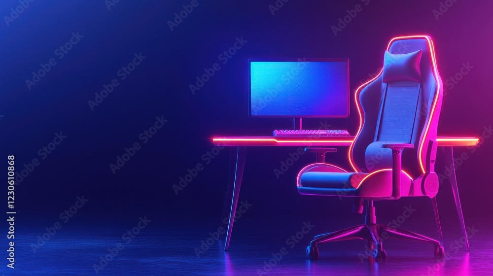 Poster neon lit gaming setup with ergonomic chair and computer