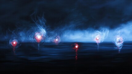 Abstract painting with a dark blue background. the sky is filled with dark clouds and the horizon is visible in the distance.