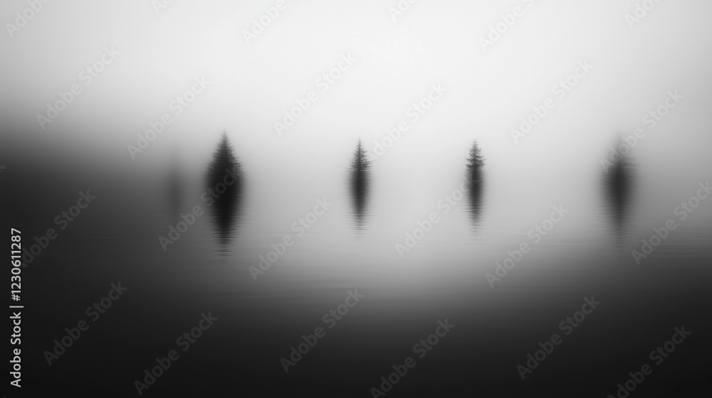 Poster Black and white photograph of three trees reflected in the water. the trees are tall and slender, with a pointed top and a pointed bottom.