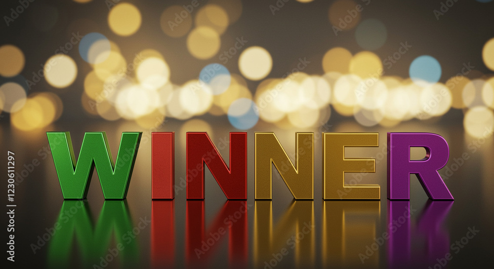 Aufkleber winner text in colorful 3d letters on a reflective surface with a bokeh background. winner text with