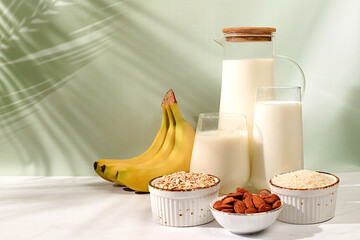 Banana, oat, rice and almond vegan alternative milk lactose and gluten free, allergy free. Range of...