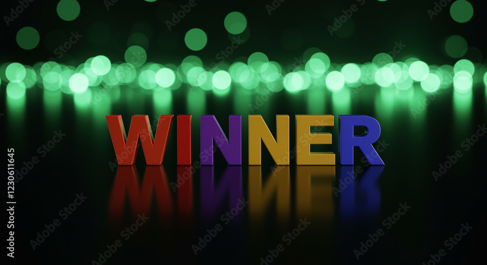 Poster winner text colorful letters on black surface with green bokeh background. winner text with reflecti
