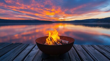 Sunset Fire Pit Lakeside Peaceful Evening Scene