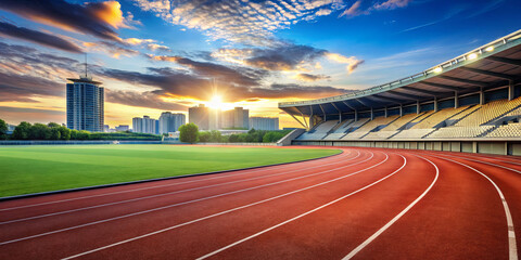 A vibrant sunset illuminates a contemporary stadium featuring a red running track. Towering buildings create a scenic urban backdrop, enhancing the tranquil atmosphere