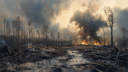 Forest fire devastation: charred landscape, smoke-filled sky, burning trees.