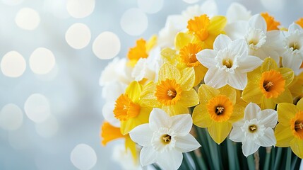 Fototapeta premium A bouquet of yellow and white daffodils in front of a book of white and yellow lights has been optimized to Yellow and white daffodils in yellow-white