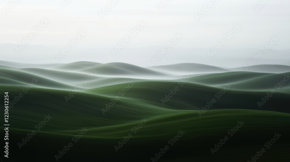 Poster landscape photograph of a vast expanse of green hills. the hills are arranged in a wave-like pattern