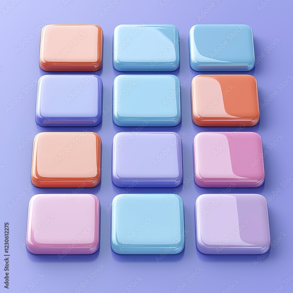 Poster a set of app icons with superellipse designs, complemented by glossy, contemporary backgrounds. 3d s